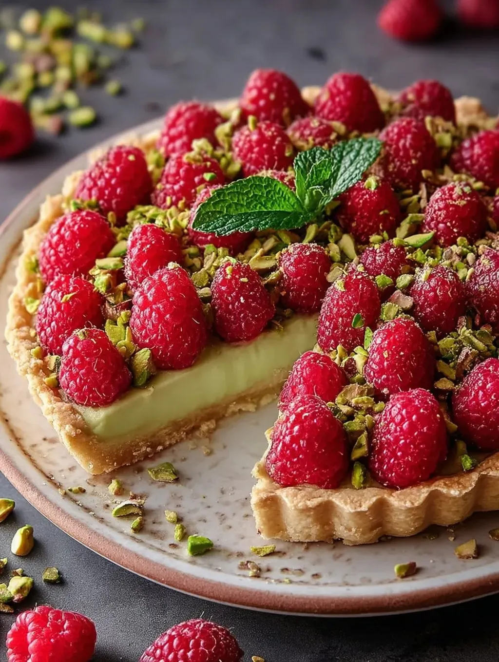 łatwy Tarta pistacjowa z malinami.