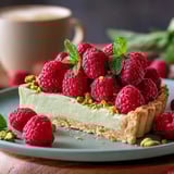 Tarta pistacjowa z malinami.